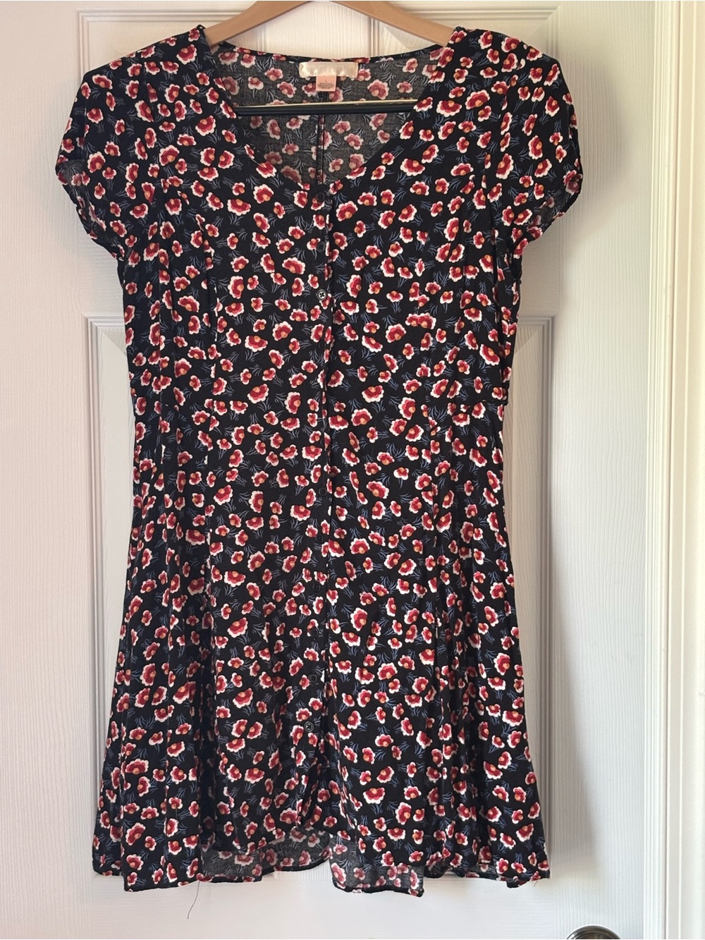 Black Floral Short Sleeve Dress with Red & White Blooms with pockets